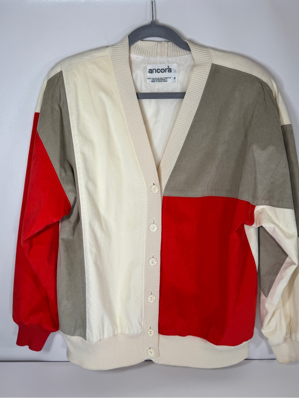 Vintage 1980s Ancorà Cardigan Women’s 8 Faux Suede Colorblock Bomber Red Cream